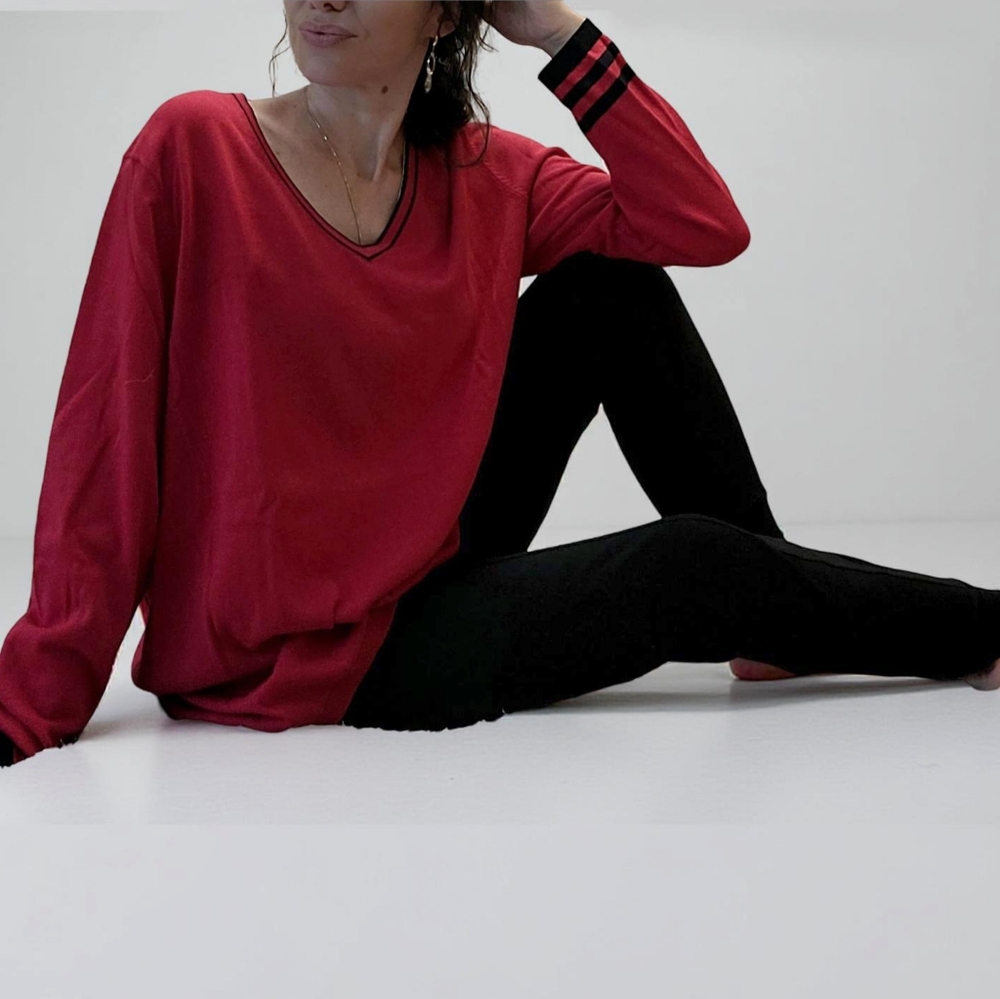 NWT Deep Red V-Neck Stripe Sweater